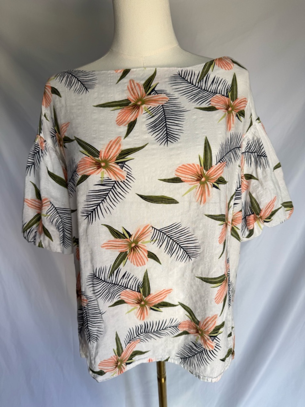 Umgee Boho Tropical Floral Puff Sleeve Boat Neck Top - Small